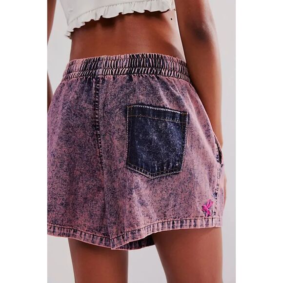 ONE TEASPOON Womens Denim Pink Acid Wash Boxer Drawstring Smocked Shorts Size XL - Picture 2 of 9